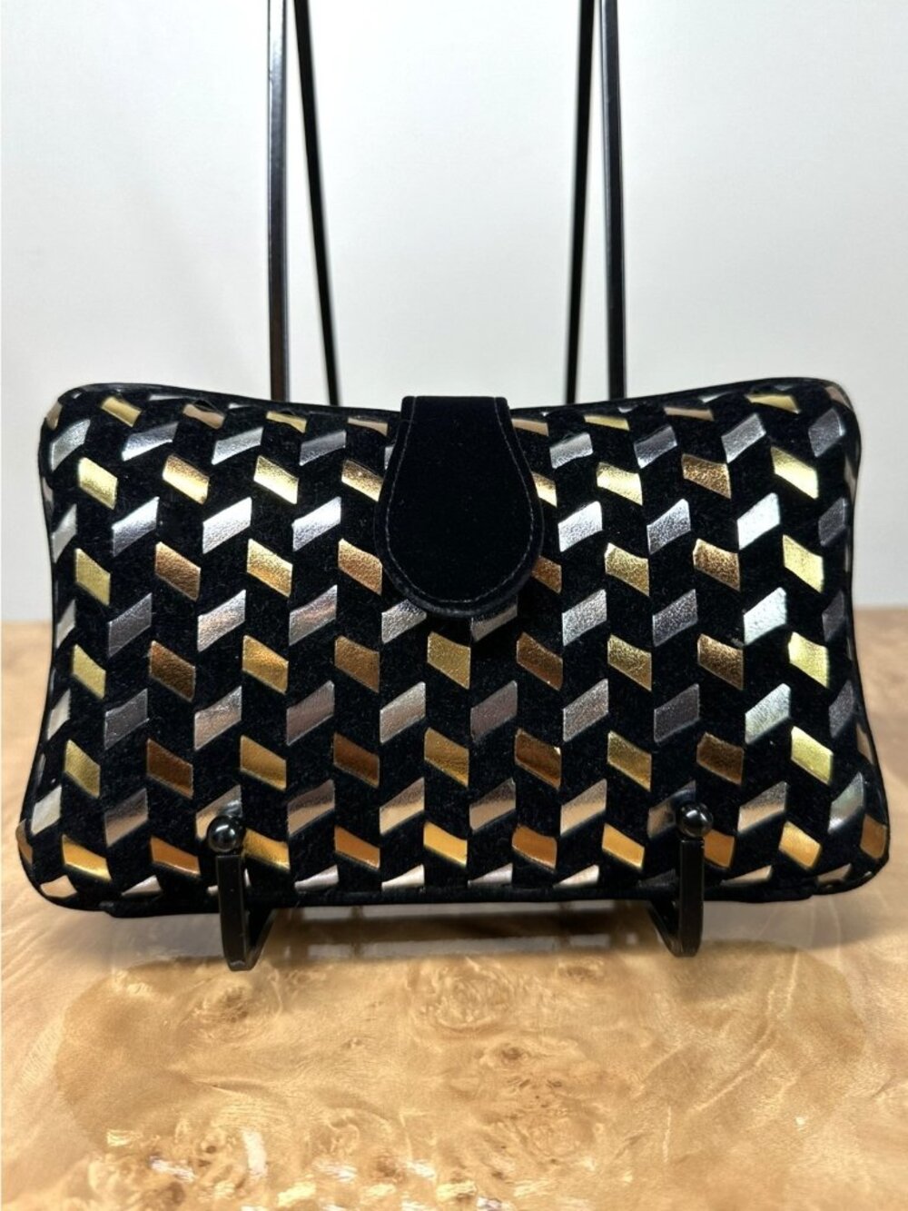 Vintage Magid Black Velvet Woven Metallic Gold Silver Evening Shoulder Bag